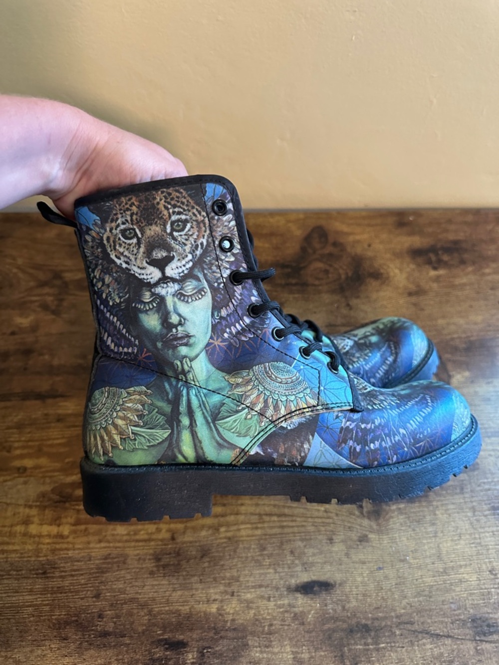 Noa Kanfo vegan festival boots psychedelic spiritual lion goddess combat Boots